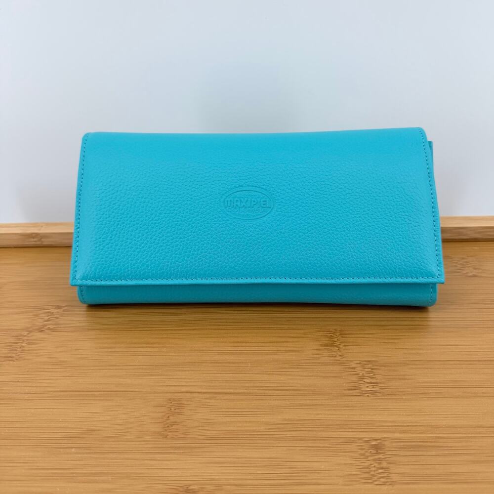 Turquoise Pebbled Leather Continental Flap Wallet Y2K Streetwear Quiet Luxury